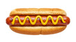 © Sofix - Savory grilled hot dog in a toasted golden bun, generously topped with bright yellow wavy mustard, perfectly isolated for culinary projects PNG