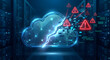 © solom - shattered digital cloud with red warning alert icons in server room representing cloud computing data breach network vulnerability system failure and hacked internet security