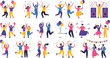 © Sagor - Party celebration dancing people flat vector illustration set with happy friends balloons music confetti festival dance poses and joyful event scenes isolated design.
