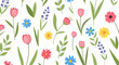 © Hendy - A vibrant, seamless pattern showcases a beautiful array of colorful spring flowers and fresh green leaves, perfect for cheerful backgrounds and decorative designs.