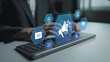 © Pakin - Digital advertising and public relations concept. Person typing keyboard with promotion and media outreach icons, brand awareness, communication strategy and corporate reputation management.