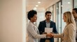 © People - portrait of business people, Two women, one with bright, curly hair and fair skin in a light grey blazer, the other with blonde hair in a beige blazer, are shaking hands and smiling brightly