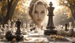 © Tahu - A blond woman floats in an autumnal forest as chessboard pieces surround a checkered board on the ground