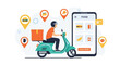 © Junaid - Food Delivery Service Vector Illustration with Scooter Rider, Smartphone App, and Location Pins for Online Order and Fast Shipping