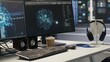 © DC Studio - AI development workstation in data center with dual monitors displaying machine learning code. Server hub computers used for tracking neural network structures algorithm performance