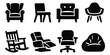 © labirint - Silhouette icon set of 8 chair types featuring armchair, recliner, rocker, office and bean bag designs for furniture and interior design