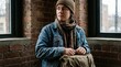 © AI Petr Images - Young adult in beanie and scarf sits by a window in a brick loft holding a backpack, calm reflective mood with soft natural light