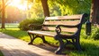 © Pesen - A sun-drenched park scene featuring a wooden bench with intricate metalwork, casting long shadows. Lush greenery and dappled light