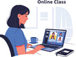 © Street Vector - A person with dark hair is attending an online class on a laptop A notebook and cup are on the desk