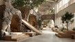 © 楠 刘 - Indoor children's playground with wooden climbing structures, natural stone walls, soft seating, greenery, sunlight, forest-inspired warm and calming space for play and learning