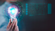 © chaylek - Homeowners invest in home protection innovation featuring a glowing light bulb with digital shield, smart home network, and floor plan interface, symbolizing residential security, intelligent energy