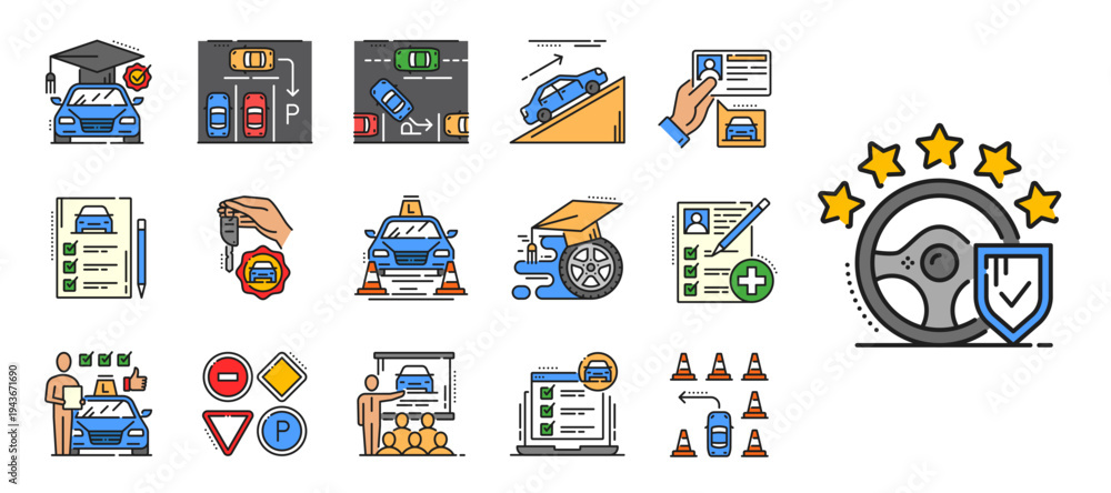 Driver school icons for vehicle driving education and car drive ...