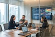© SHOTPRIME STUDIO - A photorealistic finance workplace scene showing an analyst and a small team in a glass meeting room reviewing AI-assisted risk insights on a large monitor while discussing trade-offs and strategies