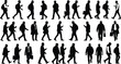 © Sanjida - Walking business people silhouettes collection, men and women commuters with bags and smartphones, professional crowd movement black silhouette vector illustration set