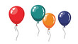 © John - Group of four colorful balloons in red teal orange and dark blue floating against a plain white background for party.