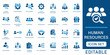 © max_thunberg - Human resources icon set. featuring recruitment, hiring process, employee training, workforce management, and corporate leadership elements in blue flat design style.