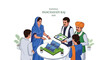 © suparta - Illustration of people in rural India discussing governance and development on National Panchayati Raj Day with a table and documents.