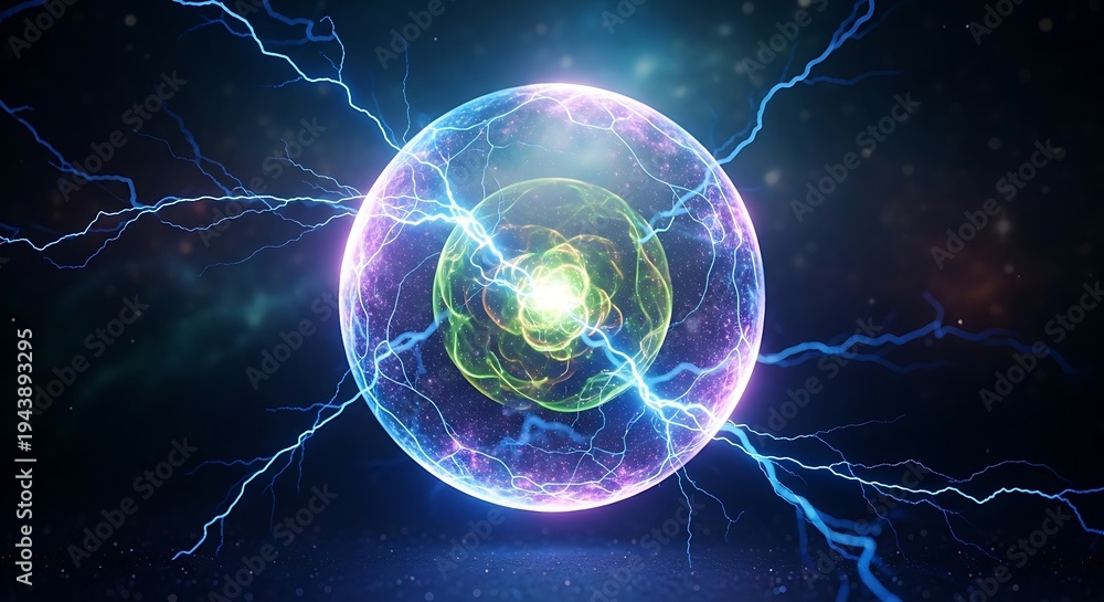 Vibrant glowing orb with electric blue lightning bolts and radiant ...