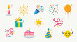 © tr - A vibrant collection of colorful birthday party icons, including a candle, fireworks, party popper, confetti, balloon, gift box, star, ribbon, cake, party hat, and a happy emoji.