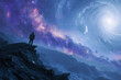 © ALL YOU NEED studio - Matte black and copper astronaut exploring deep space isolation above glowing violet crimson nebula on dark starry background with pale blue moon