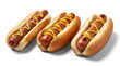 © Trieu - crispy grilled hot dogs generously drizzled with mustard, arranged side-by-side in toasted buns against a white backdrop.