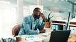 © peopleimages.com - Stress, headache and black man in office with fatigue, mistake or brain fog for finance report. Glasses, exhaustion and African male financial advisor with migraine for error in investment proposal