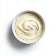 © KASUEMA SALAE - bowl of creamy cheese spread isolated on white background, top view minimal food photography