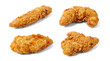 © Nathan - four golden fried chicken tenders in various poses on a transparent background, showcasing their crispy breading.