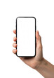 © vizual - light-skinned adult hand holding a sleek, matte black, bezel-less smartphone upright, isolated medium close-up on a shadowless white studio background. concept for digital template mockup