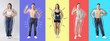 © New Africa - People happy with weight loss result on colorful backgrounds, collage of portraits. Outlines representing previous body shapes