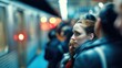 © Mary - Young woman waiting for subway train in crowded station at night