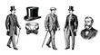 © Khmel - Vintage collection of hand-drawn gentlemen illustrations shows dapper men in classic suits, top hats, and formal wear from a historical era, depicted in a detailed black and white engraving style