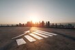 © grey - Barchart icon on rooftop concrete with a city skyline in the background