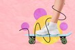 © Pixel-Shot - Leg of young woman in white sneaker and with skateboard on pink background