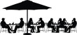 © Md - Outdoor cafe people silhouettes, men and women sitting at restaurant tables under umbrella, social dining scene, coffee shop vector illustration isolated