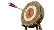 © Finn - Wooden archery target with a red-fletched arrow hitting the bullseye, perfectly isolated PNG for precision and success concepts