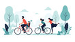 © Desmond - Active family enjoying a sunny day cycling through a green park with a young child in a safety seat on the back of a bike.