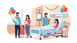 © Desmond - Happy family visiting a mother and her newborn baby in a decorated hospital maternity ward room with balloons and flowers.