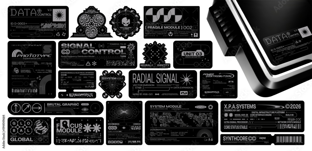 Vetor Futuristic tech label sticker pack collection. Cyberpunk UI ...