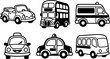 © DesignVectX - Cute black and white cartoon style vectors of smiling convertible car double decker bus ambulance taxi and minibus icons collection