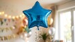© sami - A blue star-shaped balloon floating in a festive party room with decorations