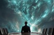 © los3amigos - Un hombre de negocios contempla una tormenta cósmica mientras se sienta a la cabeza de una mesa de negociaciones.