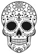 © Синявский Вадим - Detailed black and white illustration of a decorated sugar skull for Day of the Dead.