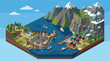© Bogdan - Isometric illustration of a Norway coastal village with mountains, fjord, boats and colorful houses. A peaceful scene ideal for travel, geography or Scandinavian design.