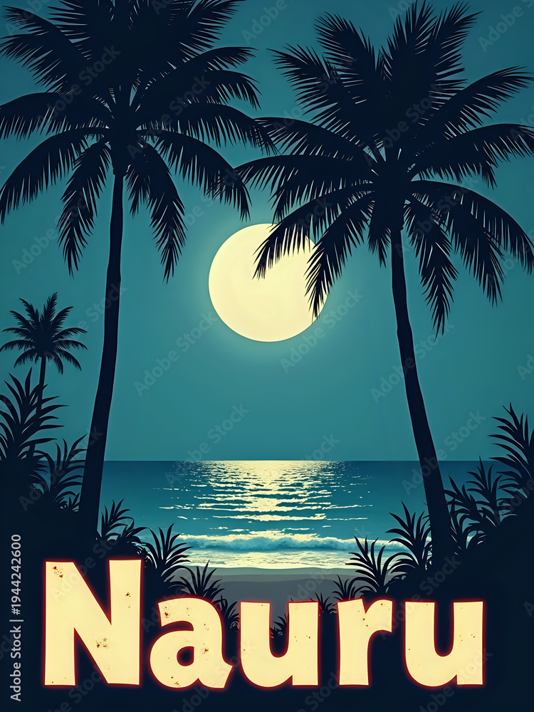 Palm trees stand on the beach in Nauru under a bright moon. The ocean reflects moonlight, creating a soft glow. The evening sky is dark, adding to the peaceful setting.