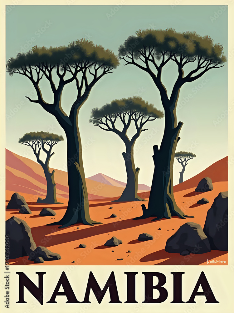 A group of tall trees stands in a dry desert landscape in Namibia. The ground is rocky with some large stones scattered around. The sky is clear, and there are distant mountains.
