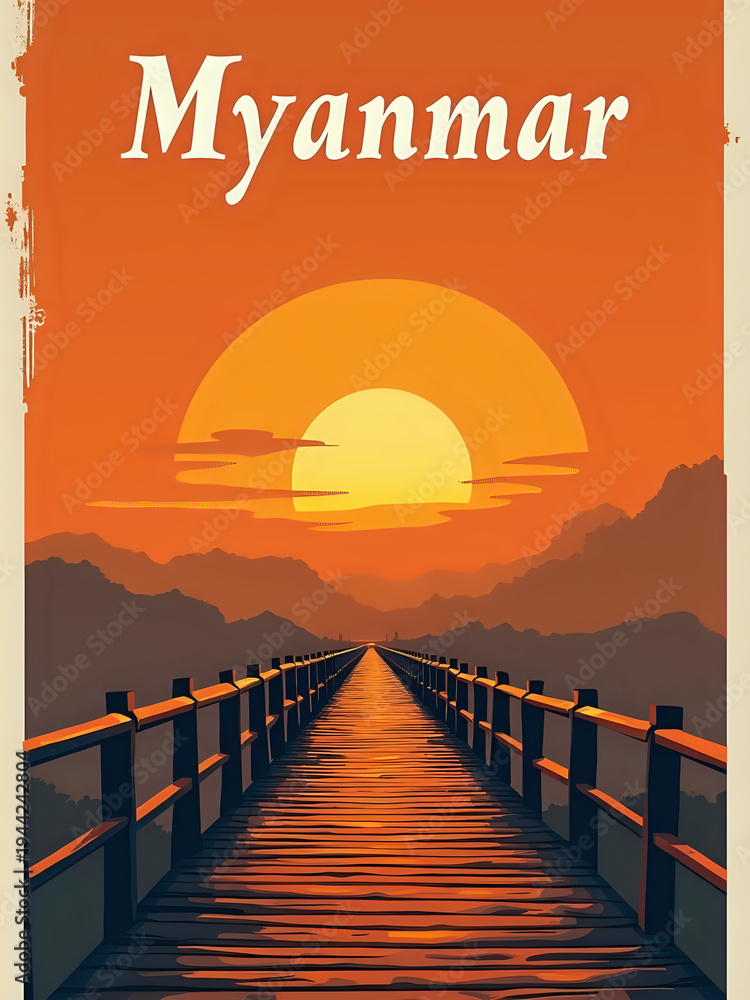 A wooden bridge stretches across a reflective body of water. The sunset casts a warm orange glow over the scene. Mountains rise in the background as the sun dips below the horizon.