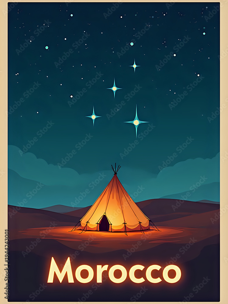 A tent sits alone in the desert of Morocco under a clear night sky. Bright stars shine above, creating a beautiful scene. The tent is lit from within, bringing focus to the campsite in the darkness.