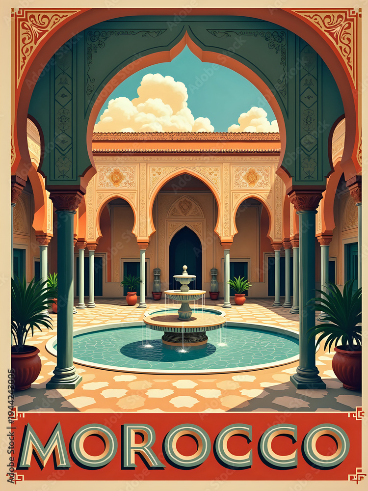 A courtyard in Morocco features a large fountain surrounded by plants and arches. Bright skies create a lively atmosphere. The design shows traditional architecture with intricate patterns.