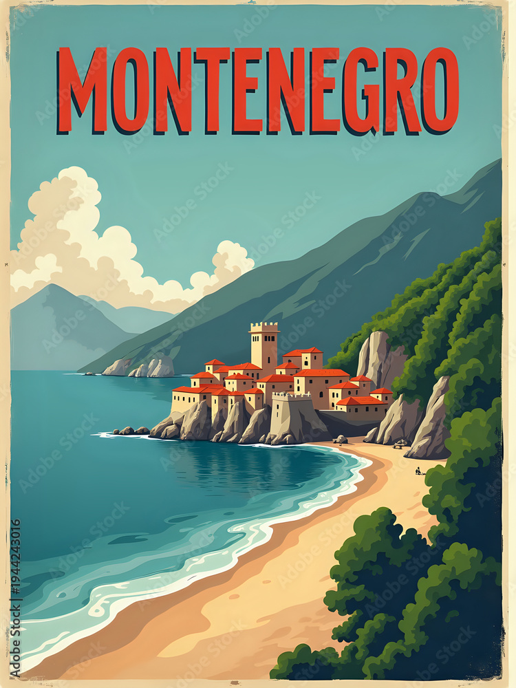 A coastal village is located in Montenegro. The scene shows buildings near the shore, mountains in the background, and clouds in the sky. People can be seen enjoying the beach.